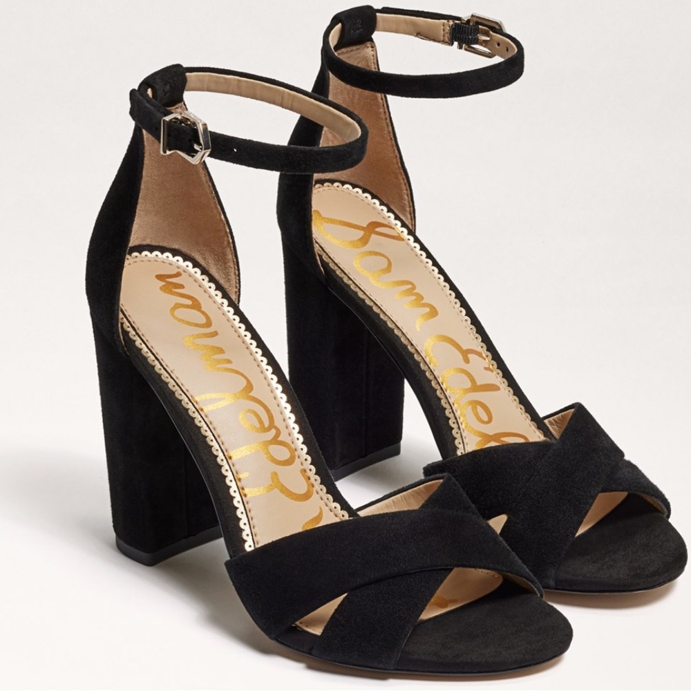 Sam Edelman Yancy Black Suede Ankle Strap Block Heel Sandals Size 7